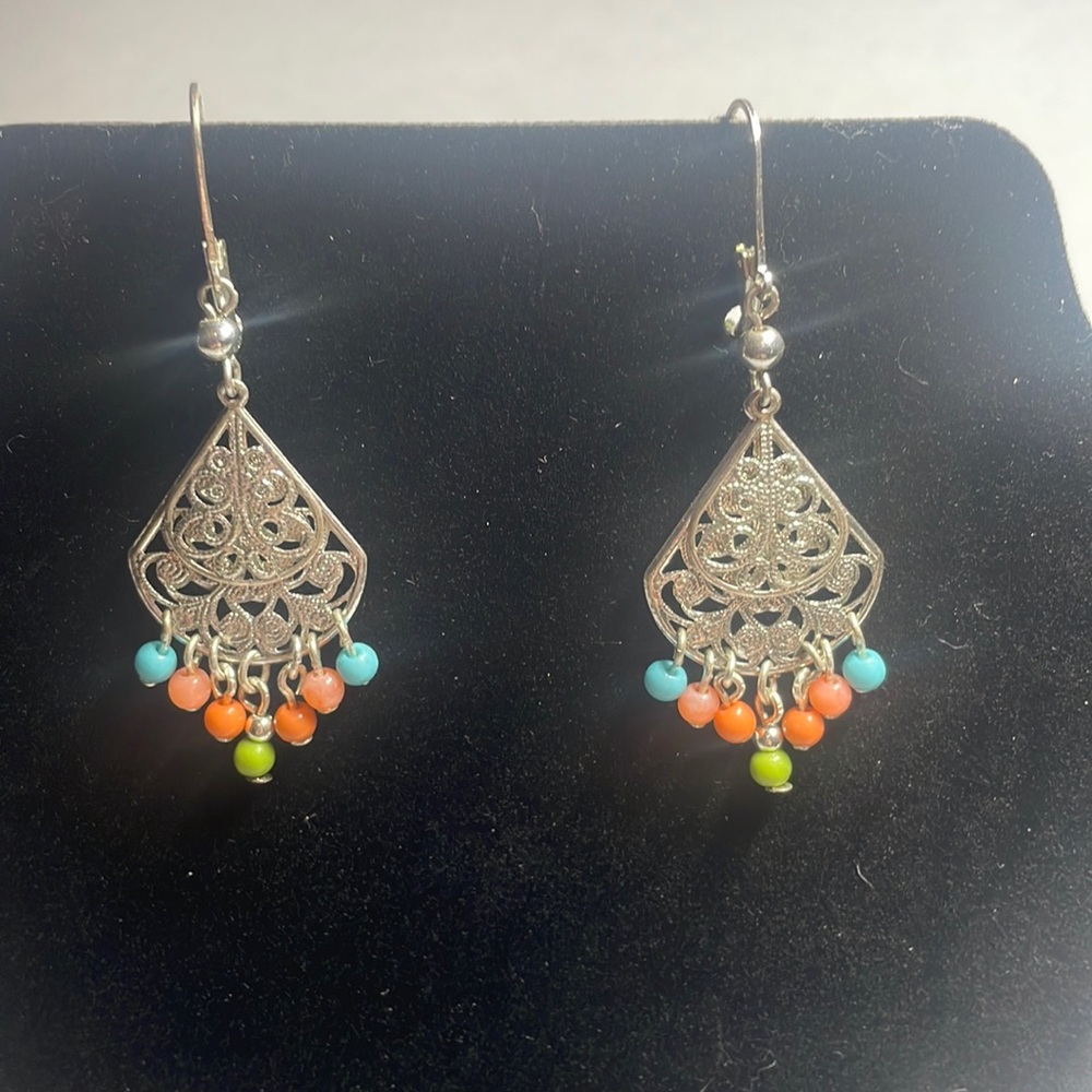 Silver tone multi colored beaded dangle earrings